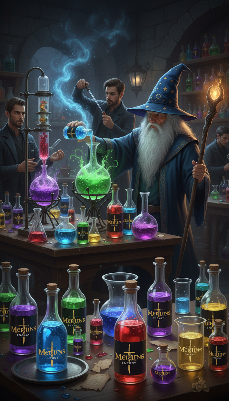 Merlin in his cave laboratory creating Merlins Energy Source the comeback of the premium energy drink by Merlins Sports Entertainment