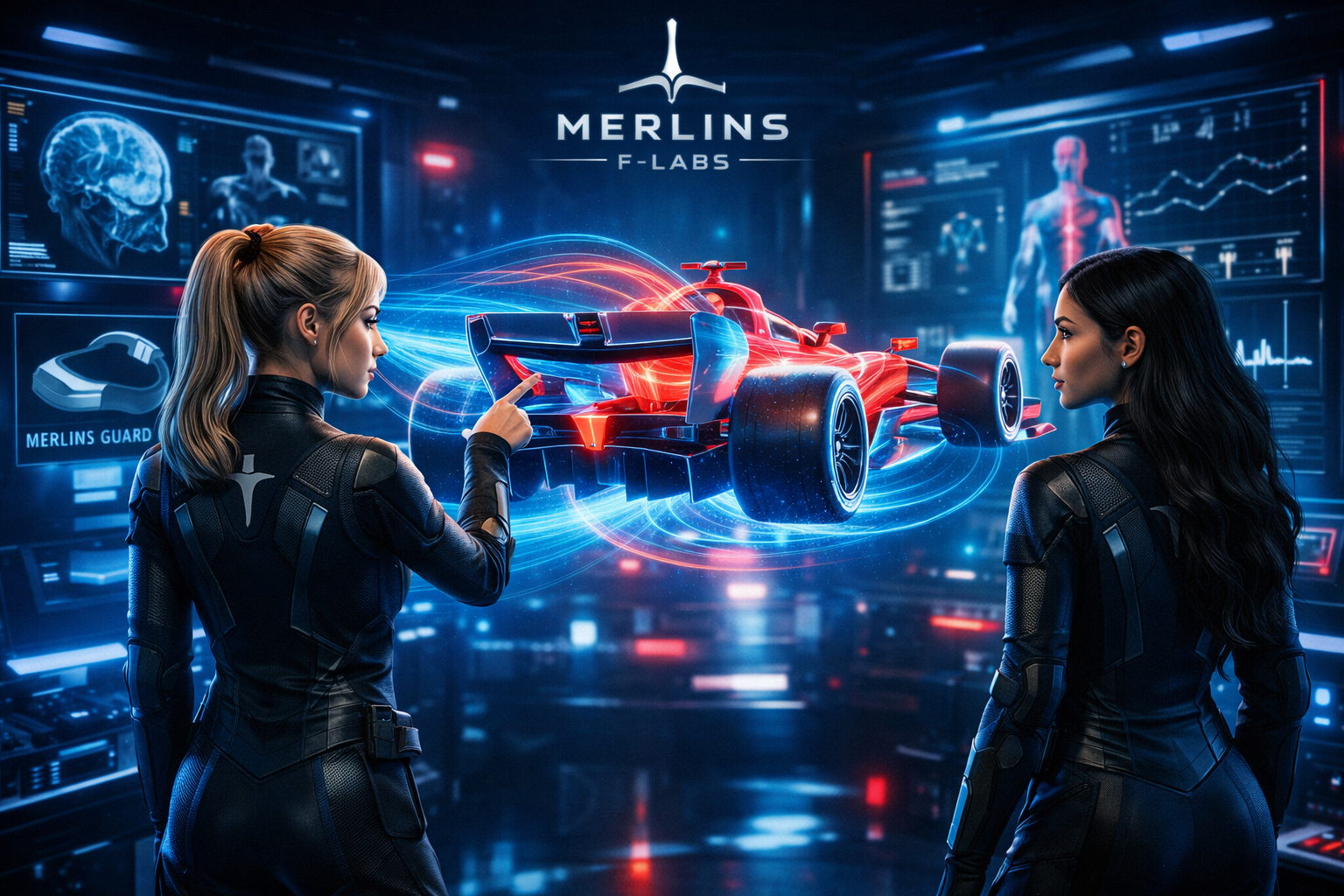 Maykala and Krishma AI avatars Inside Merlins F-Labs analyzing Ferrari Formula 1 rear wing technology during China Grand Prix