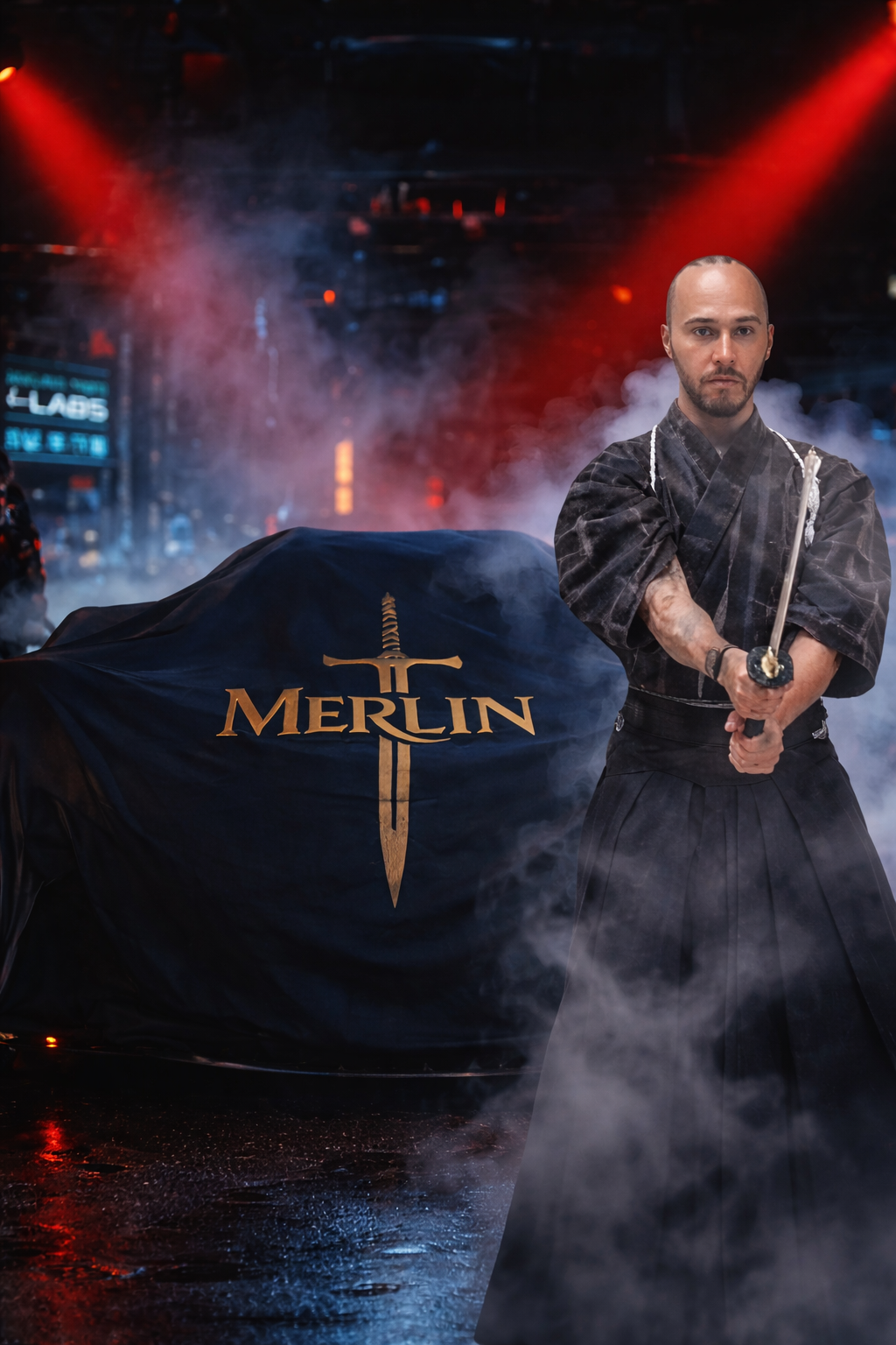 F-Labs Japan Formula 1 The Arrival Kanata Series a knight in front of Merlins car to be uncovered at champagne reception guards F-Labs Tokyo