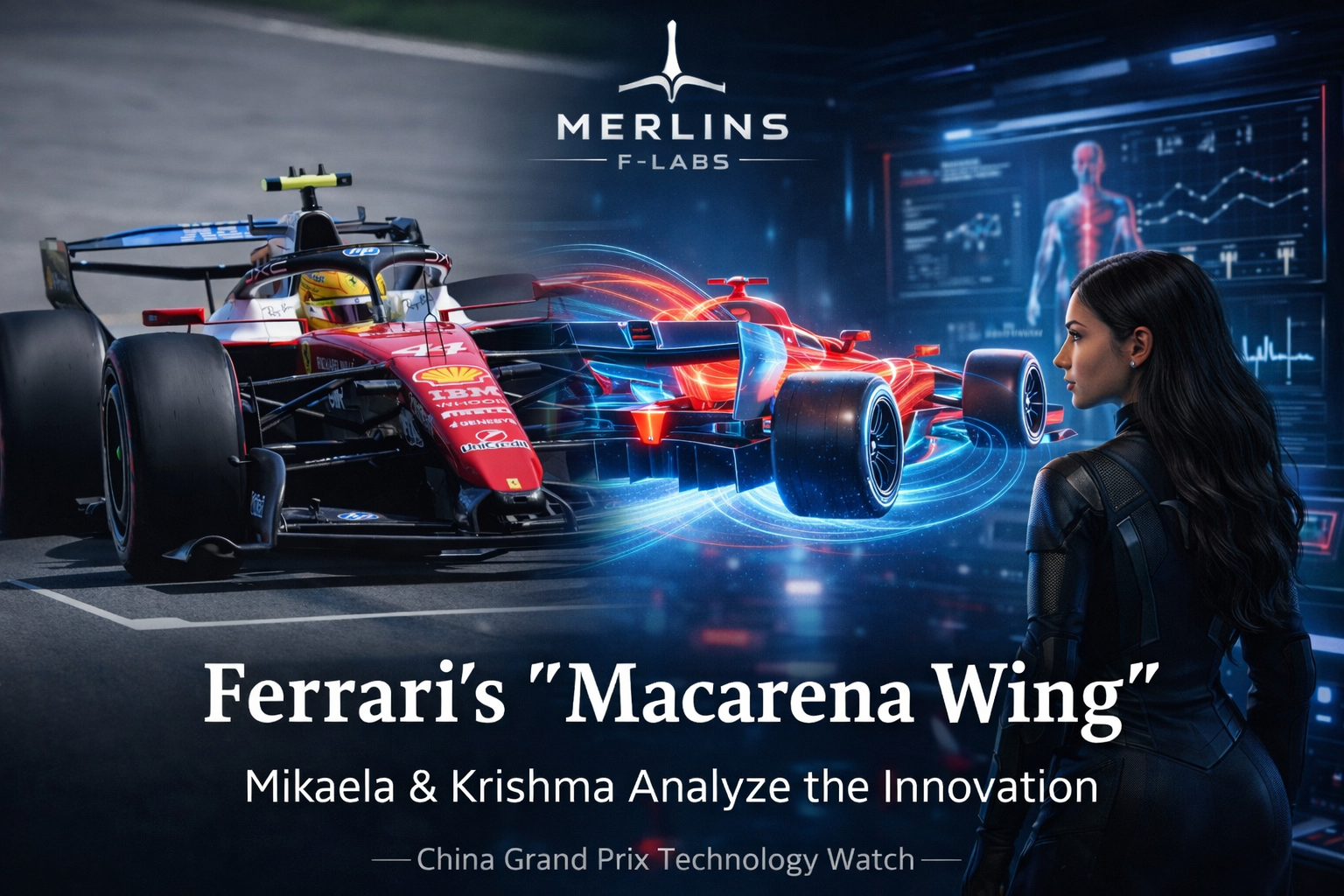 Ferrari Macarena Wing analyzed by Mikaela and Krishma inside Merlins F-Labs during the China Grand Prix