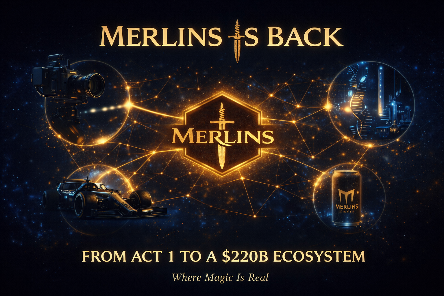 Merlins Sports Entertainment ecosystem visual showing sports, film, wellness, and energy powered by F-Labs - Act 3 comeback
