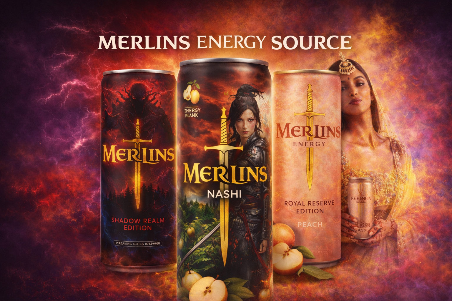 Merlins Energy Source premium energy drink comeback featuring Nashi, Shadow Realm,and Royal Reserve editions within the Merlins Sports Entertainment and F-Labs ecosystem.