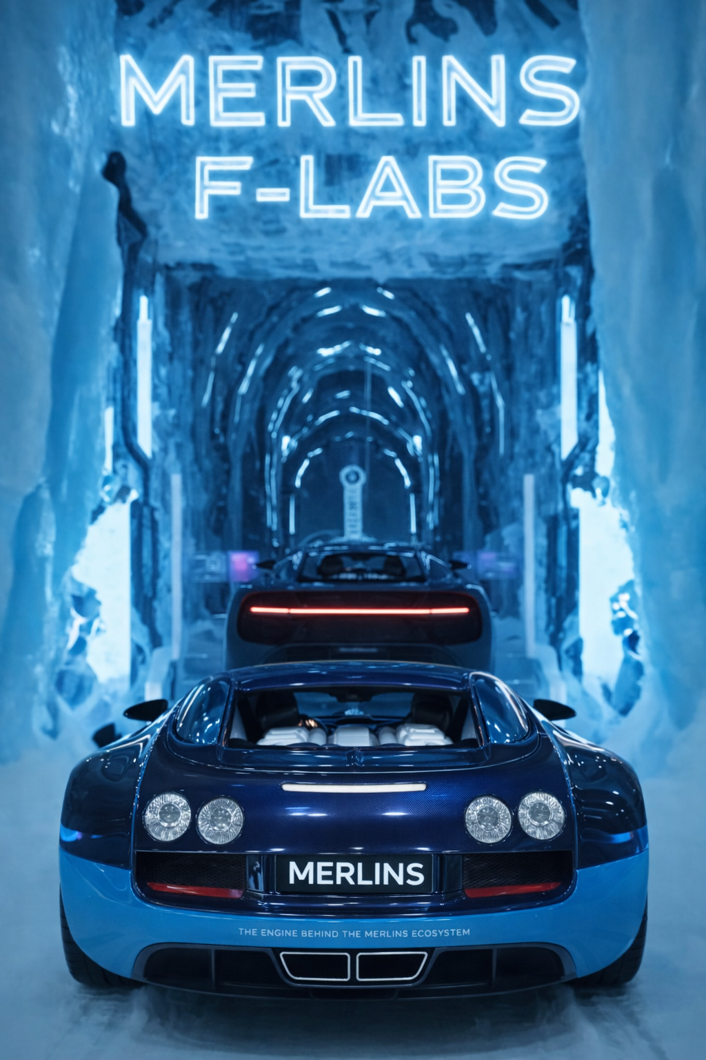 Merlins F-Labs futuristic hyper-car entering ice tunnel laboratory with Merlins branding