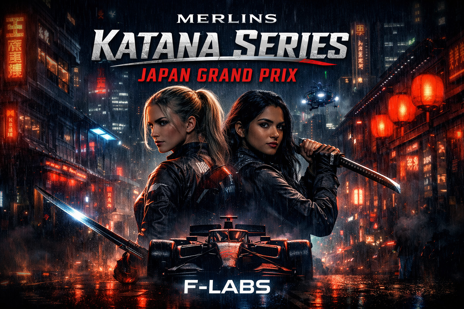 Merlins Katana Series Japan Grand Prix F1 cinematic poster featuring Mikaela and Krishma and introducing Elodia the guardian of Merlins F-Labs Japan setting