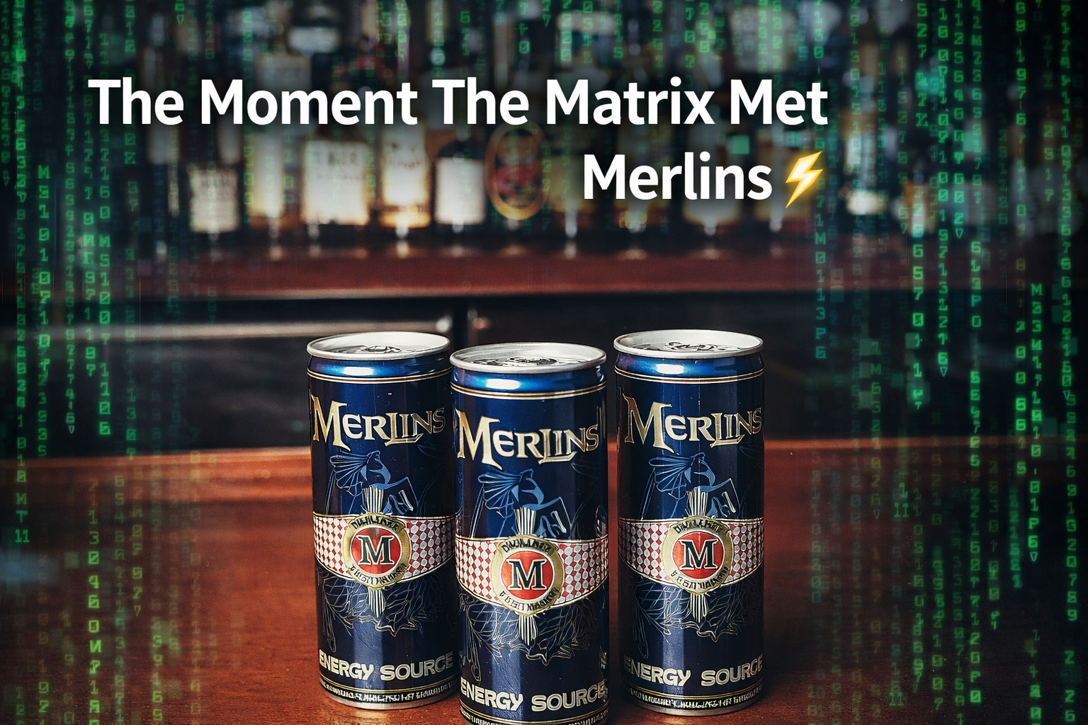 Merlins Energy Source cans at a bar with Matrix-style code overlay representing the Matrix film set story and the brands comeback